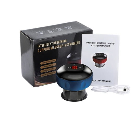 DeepRelief Cupping Massager in blue with box, charger, and manual